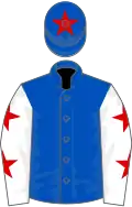 Royal blue, white sleeves, red stars, royal blue cap, red star