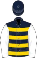 DARK BLUE, GOLD hoops, WHITE sleeves, DARK BLUE cap
