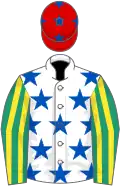White, royal blue stars, emerald green and yellow striped sleeves, red cap, royal blue stars