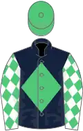 Dark blue, green diamond, white sleeves, green diamonds, green cap