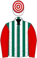 Dark green and white stripes, red sleeves, white and red hooped cap
