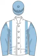 White, light blue braces, sleeves and cap