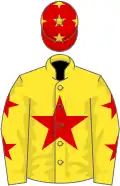 Yellow, red star, red stars on sleeves, red cap, yellow stars