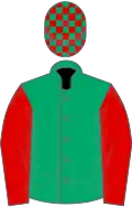 Jade green, red sleeves, check cap