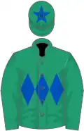 Emerald green, royal blue triple diamond, royal blue star on cap