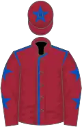 Maroon, royal blue seams, royal blue stars on sleeves, royal blue star on cap