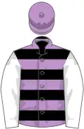 Black and mauve hoops, white sleeves, mauve cap