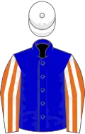 Blue, orange and white striped sleeves, white cap