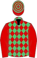 Red and emerald green diamonds, red sleeves, hooped cap