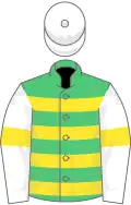 Emerald green, yellow hoops, white sleeves, yellow armlets, white cap
