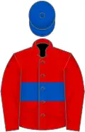 Red, royal blue hoop, royal blue cap