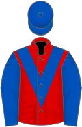 Red, royal blue chevron and sleeves, royal blue cap