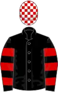 Black, red hooped sleeves, red and white checked cap