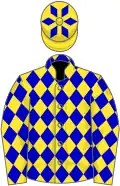 Yellow, blue diamonds, yellow sleeves, blue diamonds, yellow cap, blue diamonds