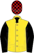 Yellow, black sleeves, red and black check cap