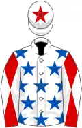 White, royal blue stars, red sleeves, white diabolo, white cap, red star