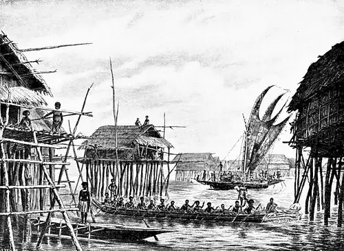Image 12Papuan lake dwellings with a lakatoi under sail, 1898 or before (from History of Papua New Guinea)
