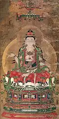 Ming dynasty (1368 - 1644) Shuilu ritual painting of Guanyin from Baoning Temple in Shanxi, China. Shuilu ritual painting are a style of paintings depicting Buddhist figures that are used in the eponymous Shuilu Fahui ceremony.
