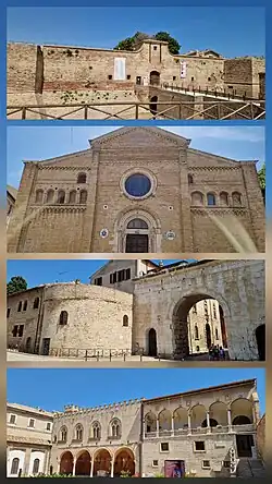 From top to bottom: Castle, Cathedral, Arch of August, Palace of Dukes