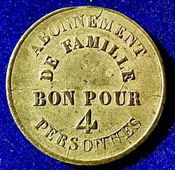 Admission token Théâtre Comte, passage Choiseul, for a family of 4, reverse.