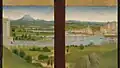 Detail from the Pérussis Altarpiece, the earliest depiction of the bridge, c.&nbsp;1480. One arch near the center of the bridge has collapsed.