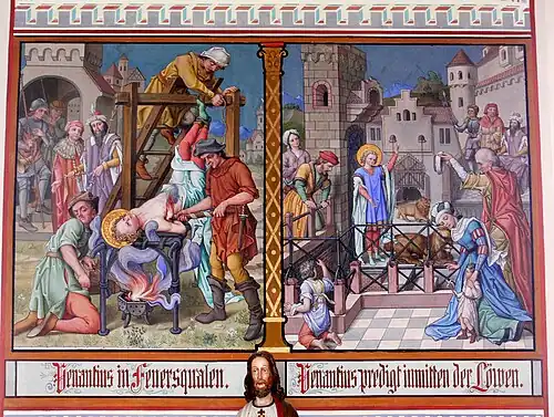 St. Venantius of Camerino is hung upside-down over a fire, and then thrown to the lions.