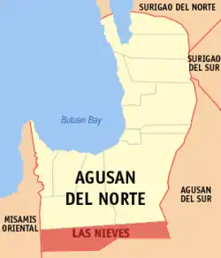 Map of Agusan del Norte with Las Nieves highlighted