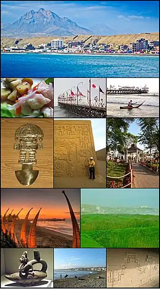 From top and left to right: View of Huanchaco beach, Dish of cebiche, Huanchaco pier, Saveguard in Caballito de Totora, Tumi: Chimu work, Chan Chan: Chimu capital, Park in Huanchaco, Night view of the pier, Swamps of Huanchaco, Navegator Chimu in a Caballito de Totora, Surfers in Huanchaco, Wall in Chan Chan