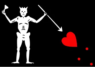 This flag may be is incorrectly attributed to Blackbeard; the “horns” on the skeleton are unknown in period sources, and Blackbeard flew only a "Deaths Head".[67]