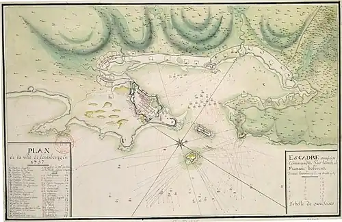 The defensive layout of Louisbourg in 1757. Éveillé participates in the protection of the place in Dubois de La Motte's squadron.