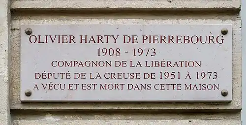 Plaque at no. 14 for Olivier de Pierrebourg