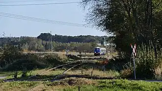 View of a train in the distance, surrounded by greenery