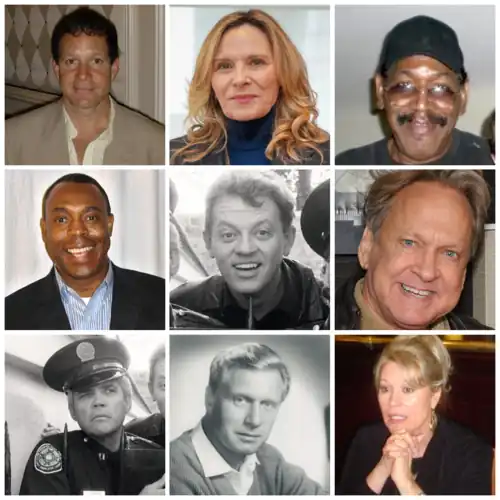 A collage of photos of cast from Police Academy, including Steve Guttenberg, Kim Cattrall, Bubba Smith, Michael Winslow, David Graf, Scott Thomson, G. W. Bailey, George Gaynes, and Leslie Easterbrook