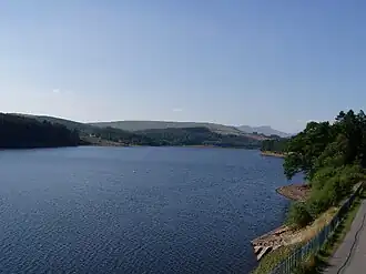 A lake surrounded by trees and hills