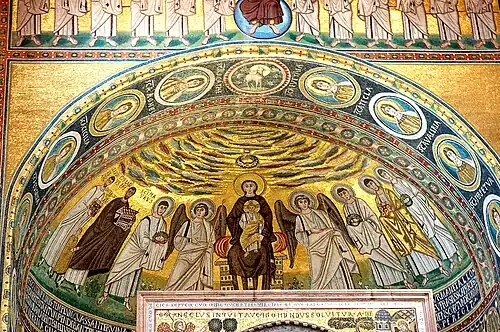 Mosaic with Mother Mary and Child. Second from left: St. Euphrasius with model of church