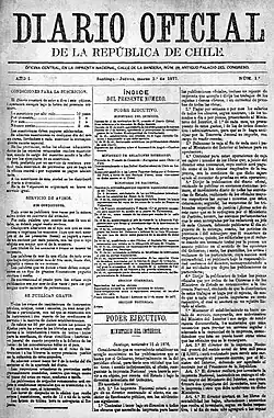 First issue of the Official Journal of the Republic of Chile, published 1 March 1877