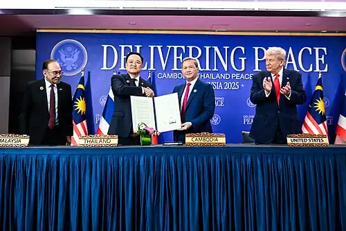 The Kuala Lumpur Peace Accord signing ceremony during the 47th ASEAN Summit in Kuala Lumpur, ending a five-month 2025 Cambodian–Thai border crisis, but it was re-escalated several times.