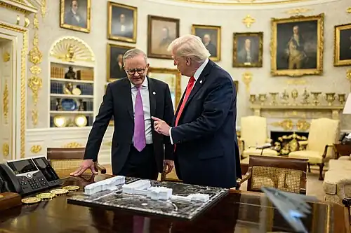 President Donald Trump showing a model of the planned new East Wing to Australian prime minister Anthony Albanese on October 20, 2025