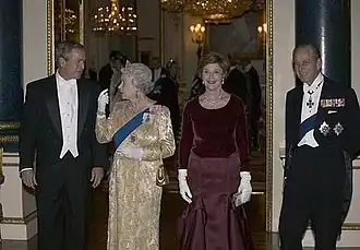 President George W. Bush and First Lady Laura Bush with Queen Elizabeth II and Prince Philip at Buckingham Palace, London, England (2003)