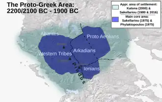 Proto-Greek area of settlement (2200/2100–1900 BC) suggested by Katona (2000), Sakellariou (2016, 1980, 1975) and Phylaktopoulos (1975).