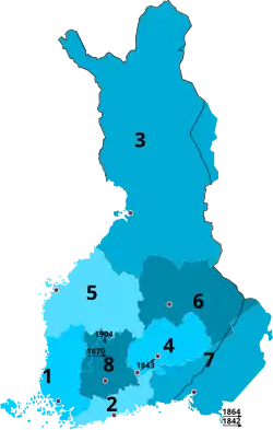 1833-1917 1&nbsp;Turku and Pori 2&nbsp;Uusimaa 3&nbsp;Oulu 4&nbsp;Mikkeli 5&nbsp;Vaasa 6&nbsp;Kuopio 7&nbsp;Viipuri 8&nbsp;Tavastia