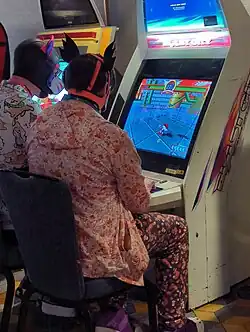 Two people wearing dog masks playing a Sonic video game on an arcade cabinet