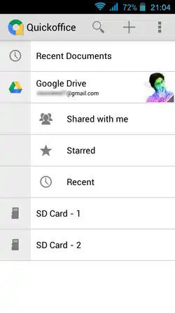 Quickoffice is shown running on the Android operating system. Part of the electronic mail address displayed has been redacted for privacy reasons.