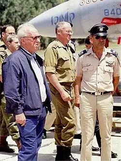 Prime Minister Yitzhak Rabin's (left) visit to the Ramat David Air Force Base, accompanied by his military secretary, Danny Yatom (center), and Bodinger (right).
