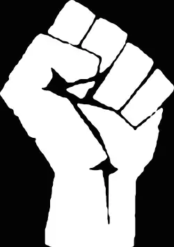 A white raised fist symbol
