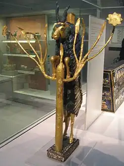 Ram in a Thicket; 2600–2400 BC; gold, copper, shell, lapis lazuli and limestone; height: 45.7&nbsp;cm; from the Royal Cemetery at Ur (Dhi Qar Governorate, Iraq); British Museum (London)