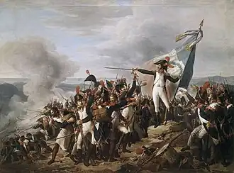 Painting showing blue-coated officer holding a flag and pointing his sword to rally his troops as they defend a mountaintop