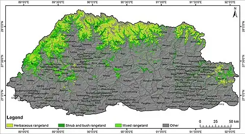 Rangeland distribution across Bhutan, showing the uneven spatial distribution of herbaceous, shrub and bush, and mixed rangeland types among the country’s twenty districts
