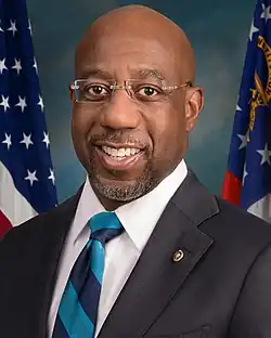 Senator Raphael Warnock of Georgia in his official portrait, taken in 2021 right after Warnock was elected to the senate.