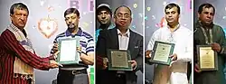 Four photos of people holding plaques